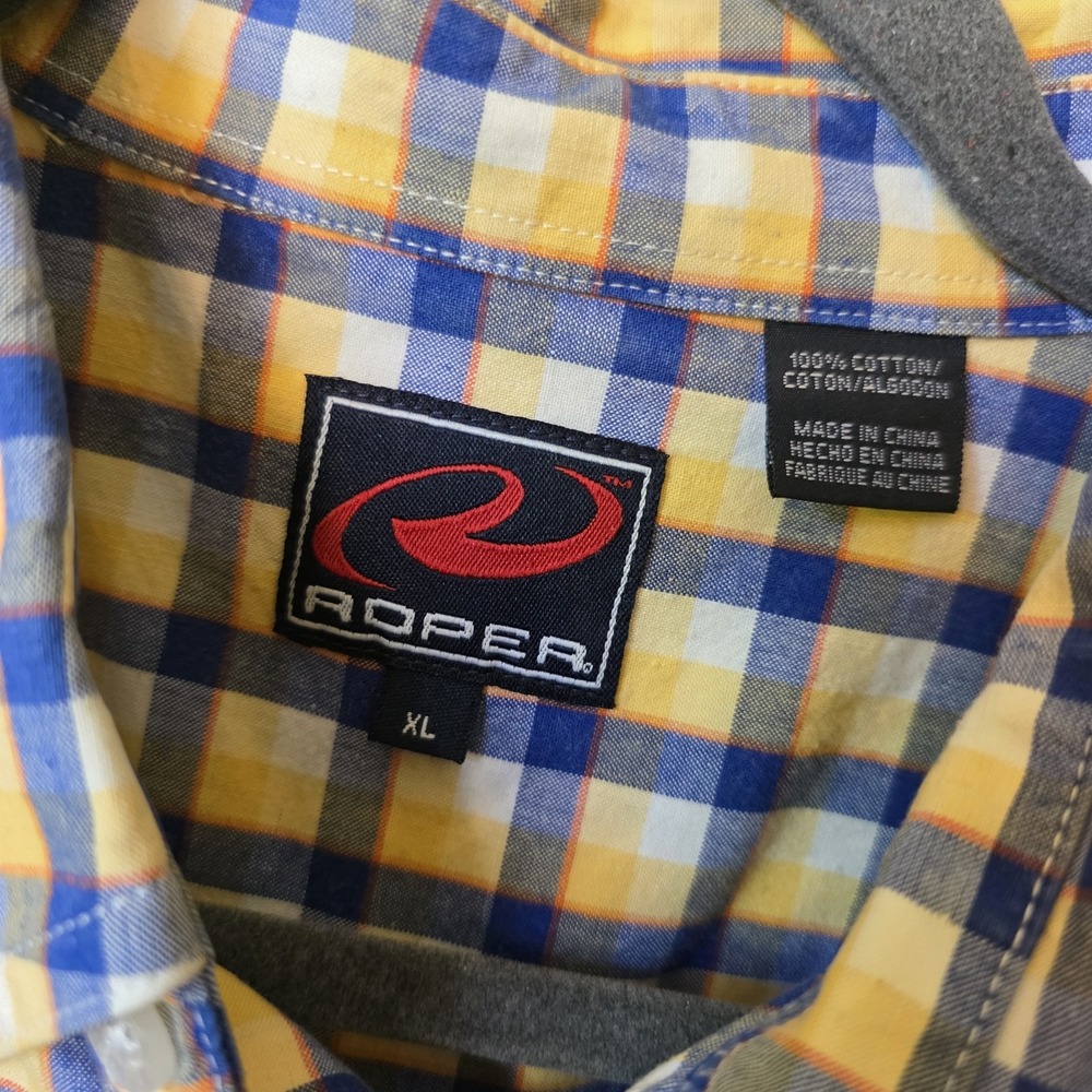 Roper Shirt Men's Size XL Yellow & Blue Plaid Short Sleeve Button Up Western - Picture 4 of 6